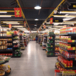 Departmental display rack for retail store with durable metal shelves for organized product presentation