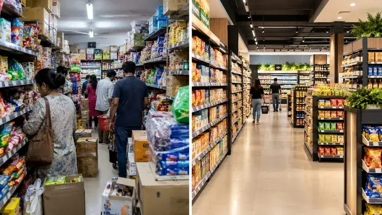 Overcrowded and organized supermarket rack layouts