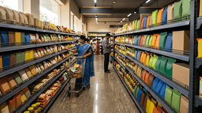 Products clearly displayed on metal supermarket display racks in an Indian supermarket aisle.