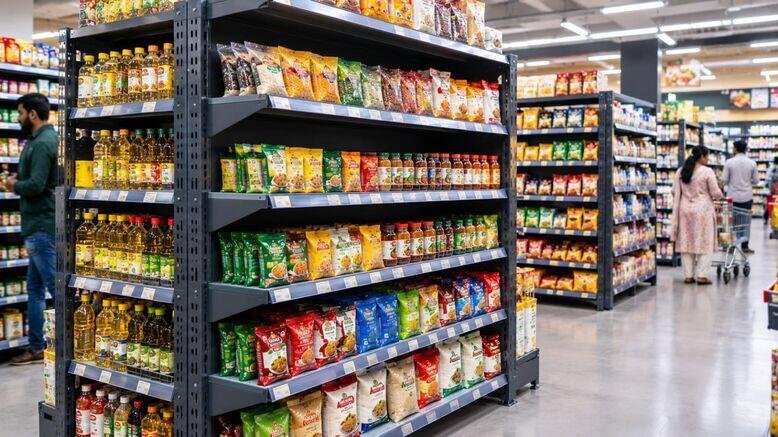  Heavy-duty powder-coated steel supermarket display racks stocked with grocery products