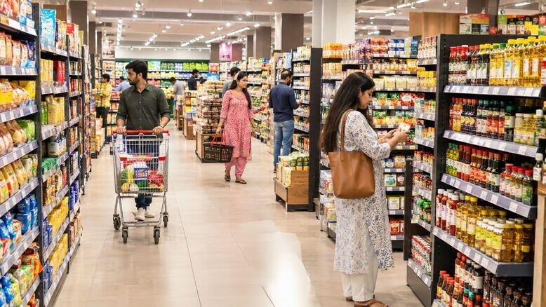 Indian supermarket with customers browsing neatly arranged products on wide display racks