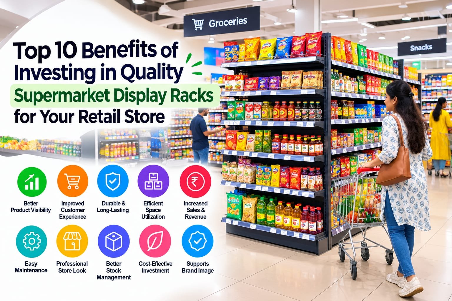 Quality supermarket display racks stocked with grocery products in a modern retail store