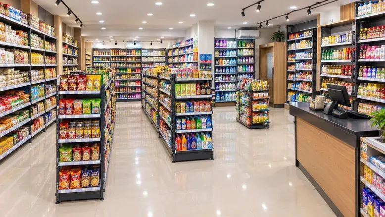 Gondola and wall-side racks in a 500 sq. ft. supermarket