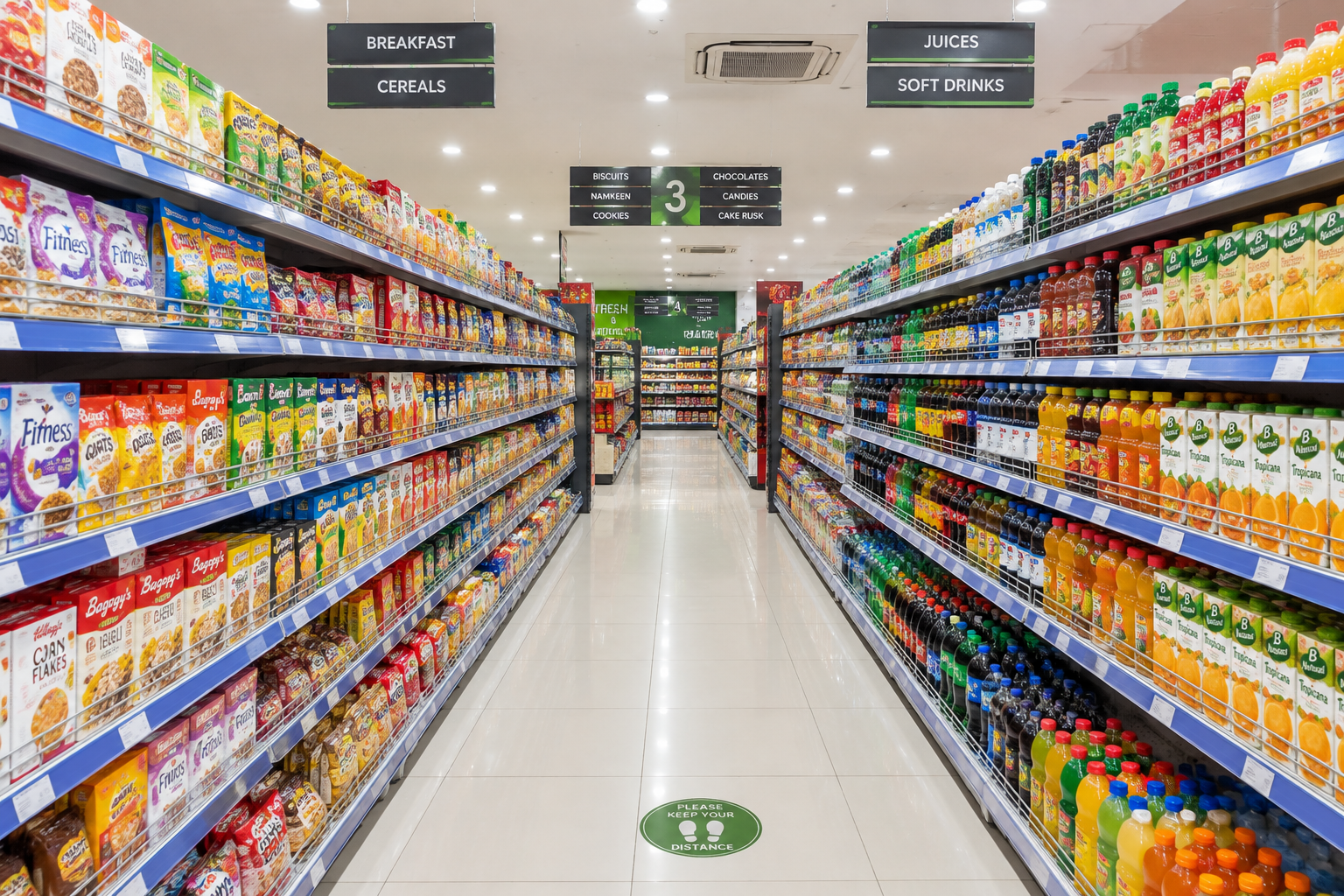 Supermarket rack layout with well-lit product aisles