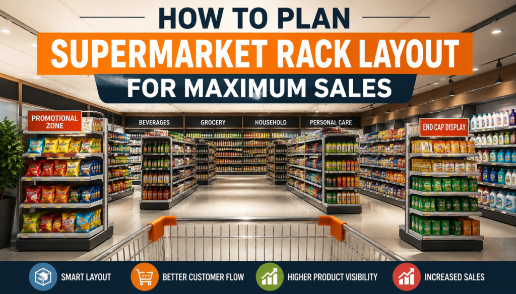 Supermarket rack layout for maximum sales with organised aisles