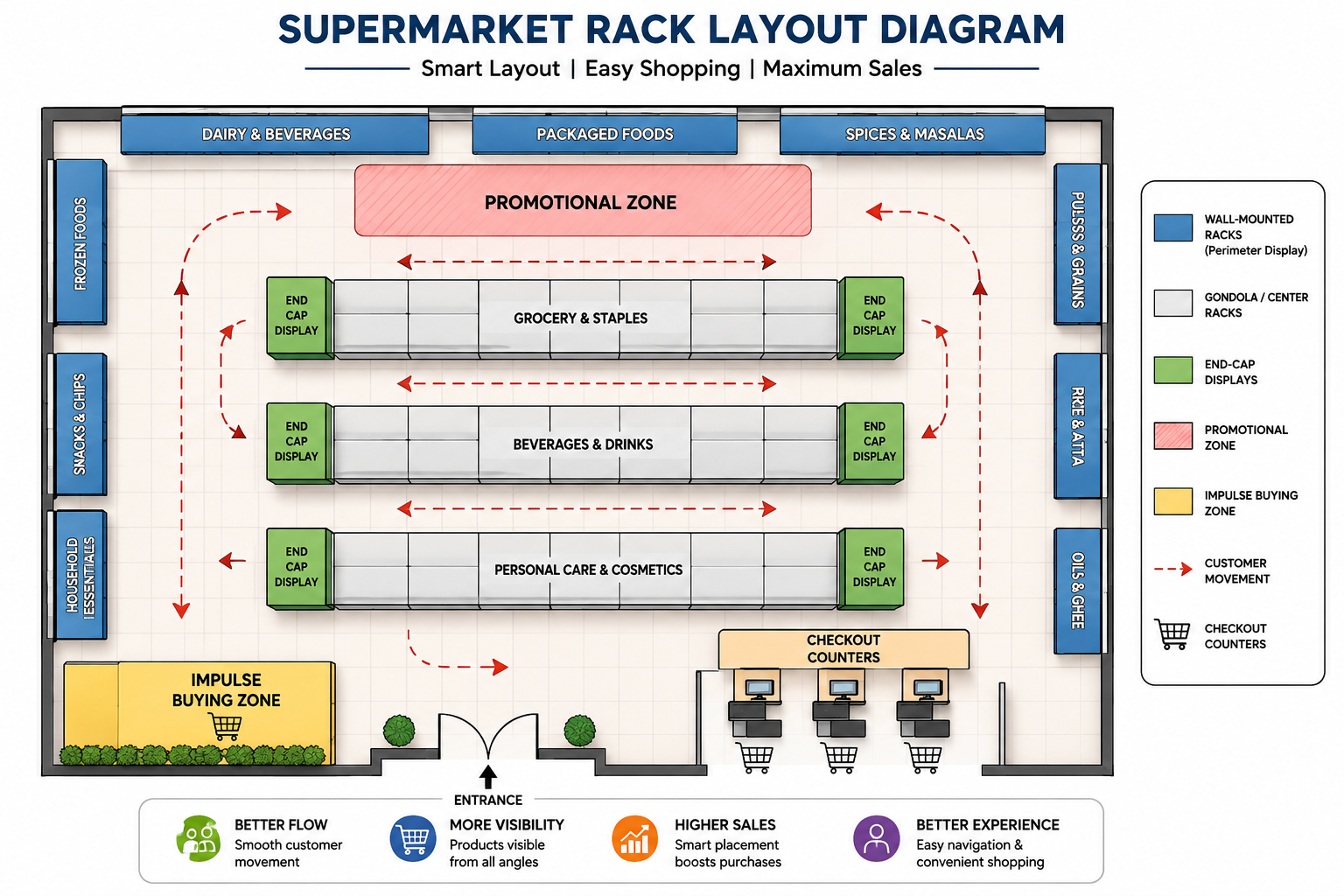 Supermarket rack layout for maximum sales showing customer flow, aisles, end caps and checkout