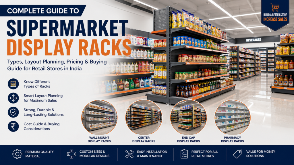 Complete Guide to Supermarket Display Racks showing wall shelving, gondola racks, end cap displays, and supermarket layout planning.