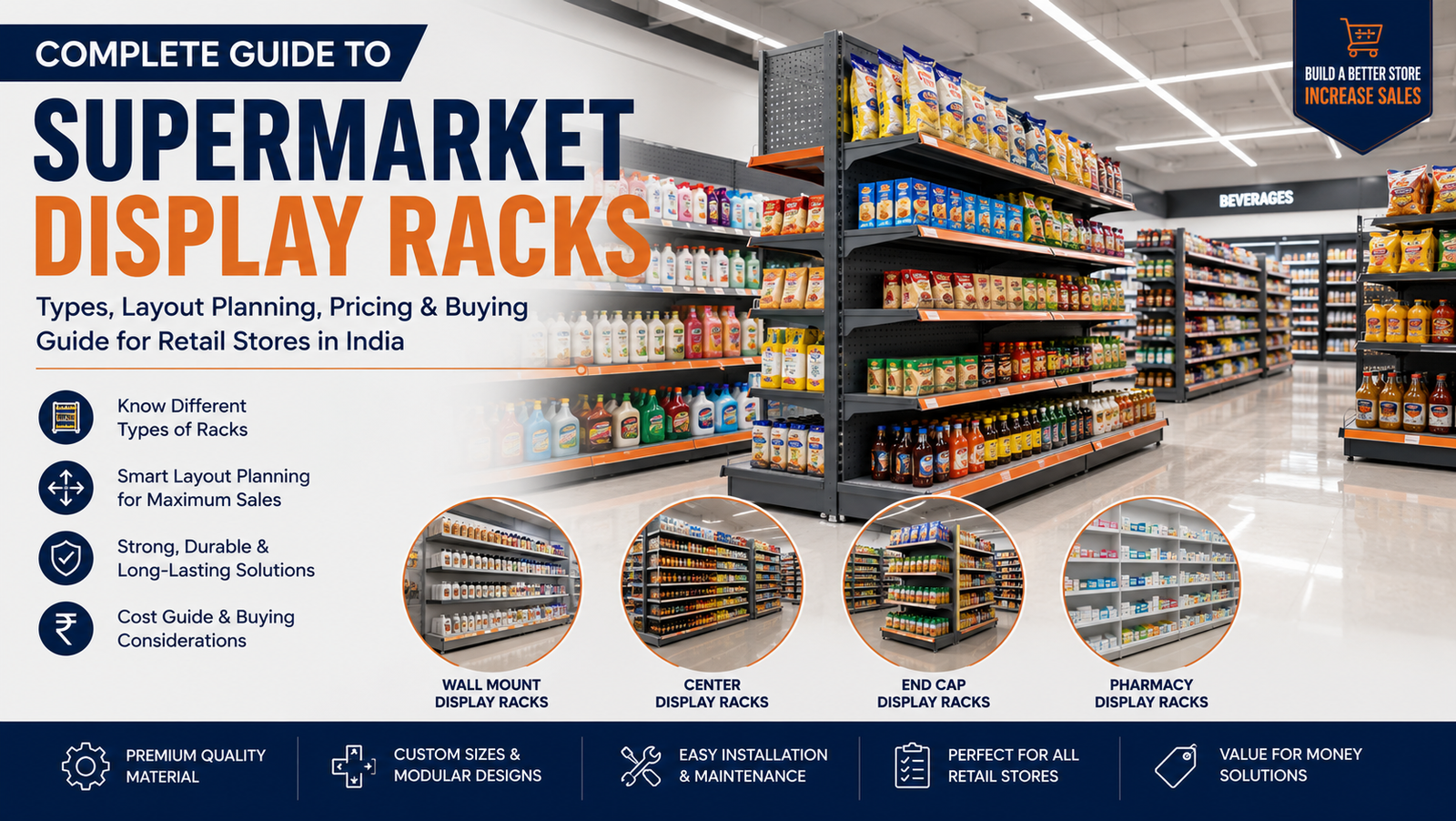 Complete Guide to Supermarket Display Racks showing wall shelving, gondola racks, end cap displays, and supermarket layout planning.