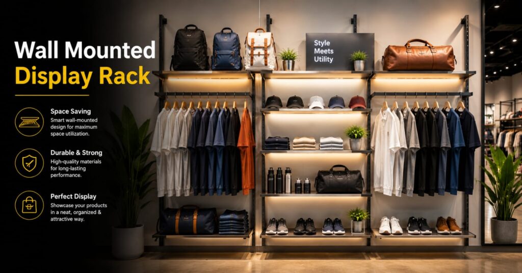 Wall mounted display rack for supermarket and retail store