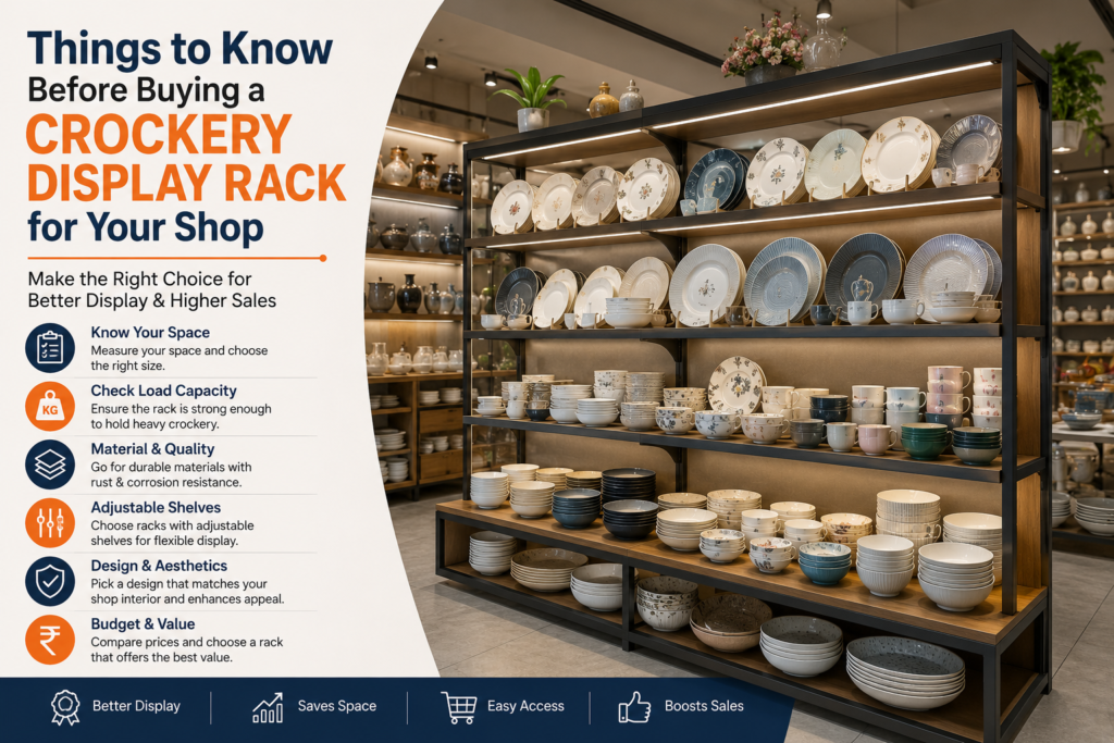 Crockery Display Rack Supplier showcasing custom steel retail display racks for crockery stores
