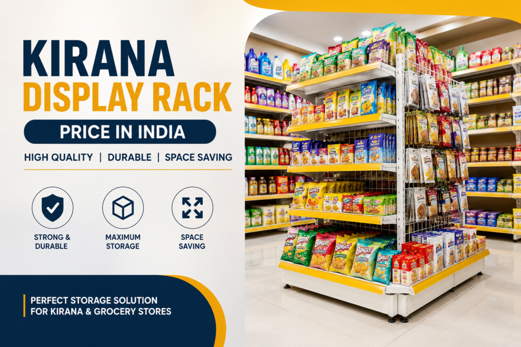 Kirana Display Rack Price in India guide featuring a modern steel display rack for grocery stores and retail shop shelving.
